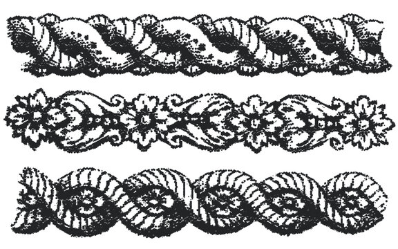 Vintage border vectors. Engraved baroque ornament frieze with floral strapwork and knots. Decorative dividers for certificate and frame