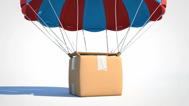 A brown cardboard box with a red and blue parachute flying through the air on a white background