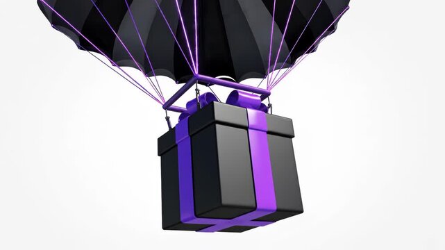 A black gift box with purple stripes and a black parachute flying through the air on a white background