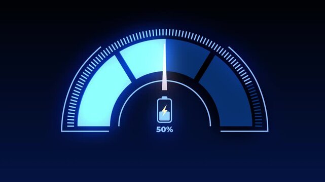 Electric vehicle Dashboard battery level gauge 0% to 100% on blue dashboard, for UI, charging progress, mobile battery indicator, EV charging station. 4k video