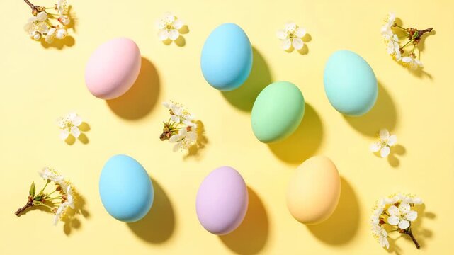 Happy easter holiday background with colorful pastel eggs and spring blossom flowers. Minimal festive flat lay composition for a seasonal greeting card or web banner