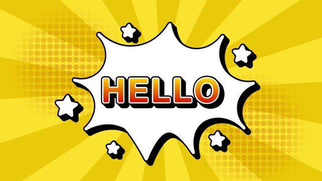 Hello text word cartoon comic popup reveal with bomb and smoke bubbles explosion manga anime book page dots  radial speed line doodle yellow bright background seamless loop animation retro style sign