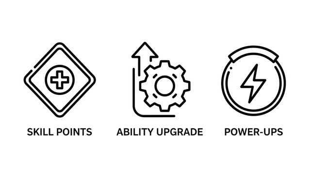 Gaming interface and player progression icons for skill points, ability upgrades, and power-up bonuses in a black outline style
