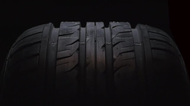 Slow Tire Rotation in the Dark. The new car tire is highlighted by a spotlight in the dark. The wheel rotates slowly toward the viewer against a black background