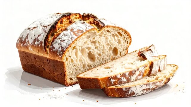 A loaf of artisan bread sliced, presented on a bright white backdrop