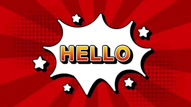 Hello text word cartoon comic popup reveal with bomb and smoke bubbles explosion manga anime book page dots  radial speed line doodle red background seamless loop animation retro style sign video 
