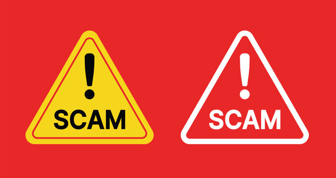 Yellow and white triangular warning signs with exclamation marks and the word SCAM