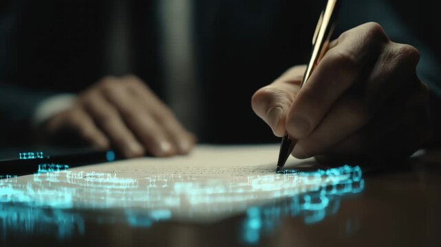 Medium shot of professional verifying digital contracts on blockchain to ensure legal document authenticity and secure identity validation.