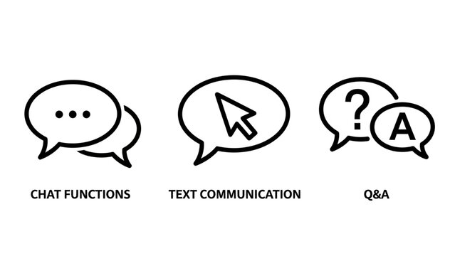 Digital Communication and Messaging Icons: Chat Functions with Ellipses, Text Communication with Cursor, and Q&A Bubble for Online Interaction & Support.