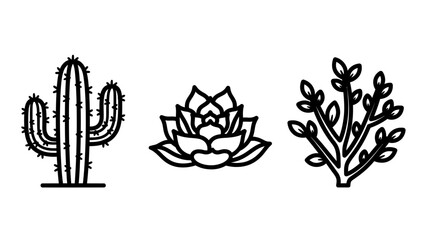 Obraz premium Minimalist desert plant line icons set featuring a prickly pear cactus a decorative succulent and a leafy desert shrub for nature and gardening theme graphic design.