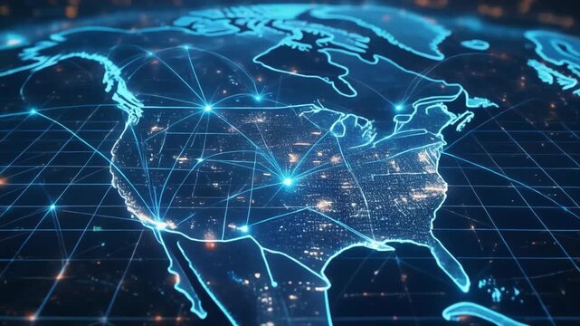 Global Digital Network Connecting North America with Glowing Lines and City Lights global network digital connection