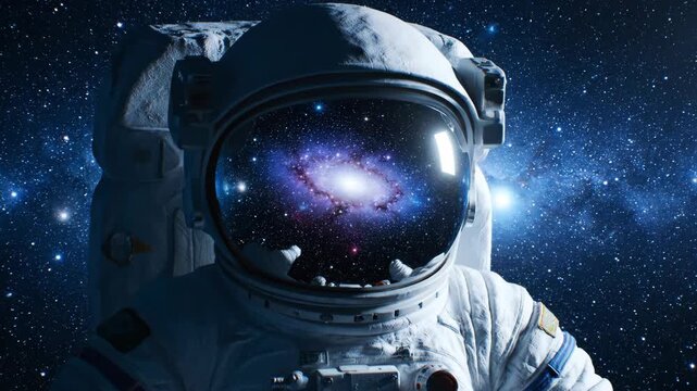 Spacewalking astronaut exploring the universe with a galaxy reflected on the helmet. Cosmic journey and deep space discovery for a futuristic science banner or header