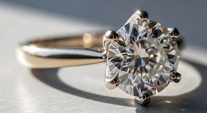 Elegant diamond solitaire ring with a delicate yellow gold band under natural light.