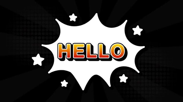 Hello text word cartoon comic popup reveal with bomb and smoke bubbles explosion manga anime book page dots  radial speed line doodle black grey background seamless loop animation retro style sign
