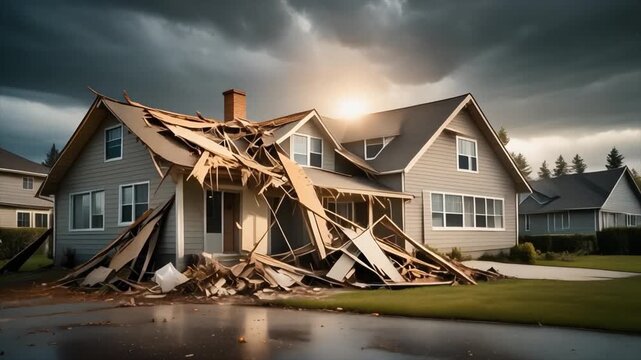 Residential House with Severe Roof and Porch Damage from a Storm or Natural Disaster home destruction