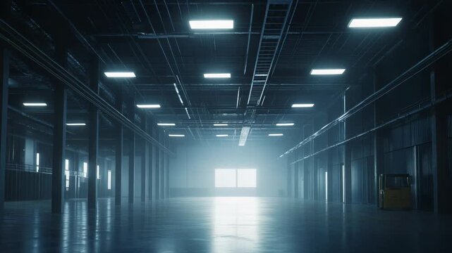Empty industrial warehouse creating a vast, dark, and eerie atmosphere with rows of illuminated fluorescent lights on the high ceiling and a concrete floor reflecting ambient light