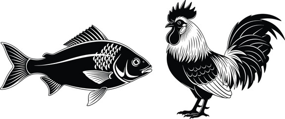 WebBlack and white vector illustration of a fish and a rooster, isolated on white background, vintage woodcut style animal silhouettes, © Creatives World