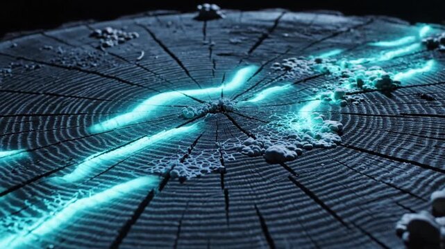 Glowing Wood Slice Surface with Blue Light Trails and Cracks