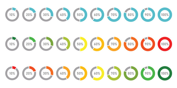 Percentage infographics in blue color. Circle loading and circle progress collection. Set of circle percentage diagrams for infographics 0 10 20 30 40 50 60 70 80 90 100 percent in red green color.