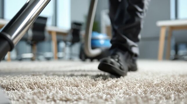 Professional vacuum cleaner cleaning carpet in modern office interior. Commercial cleaning and workplace hygiene concept.