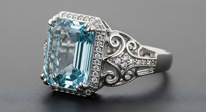 Elegant antique ring featuring a large aquamarine gemstone and intricate silver filigree design