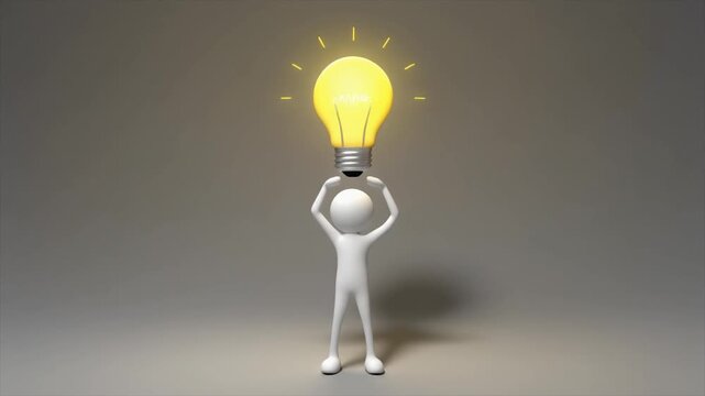 A white stick figure character holding a bright yellow glowing light bulb above its head on a gray background