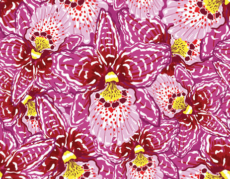 Trendy orchid flower print seamless pattern with vibrant tropical elements