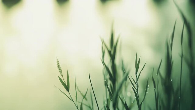 Green grass blades are covered in delicate water droplets, capturing the essence of fresh nature and tranquil mornings with a soft, blurred background
