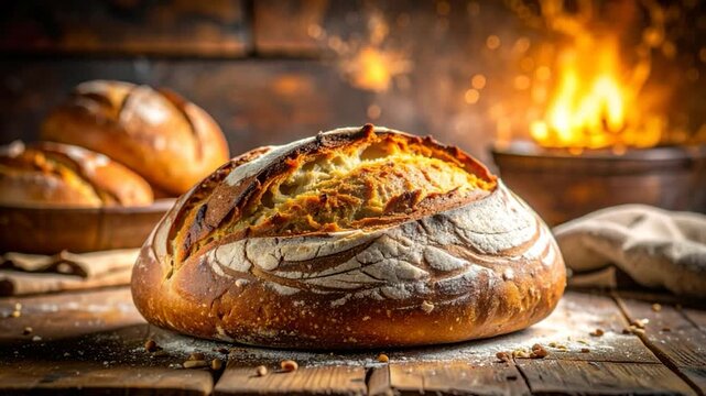 Close-up of artisan bread on a wooden table with fire in the background