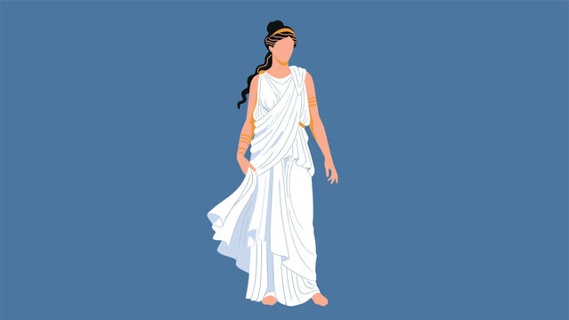 Woman dressed in a traditional ancient greek chiton stands gracefully against a solid blue background in a flat illustration style.