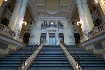 Fototapeta premium Abandoned Palace in Budapest, Hungary – Derelict Historic Television Headquarters, Urban Decay Architecture, Forgotten Cultural Landmark, Empty Neo-Renaissance Building Exterior