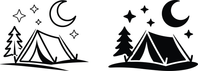 Black and white camping scene with tent trees moon and stars at night pine trees © Frd Art