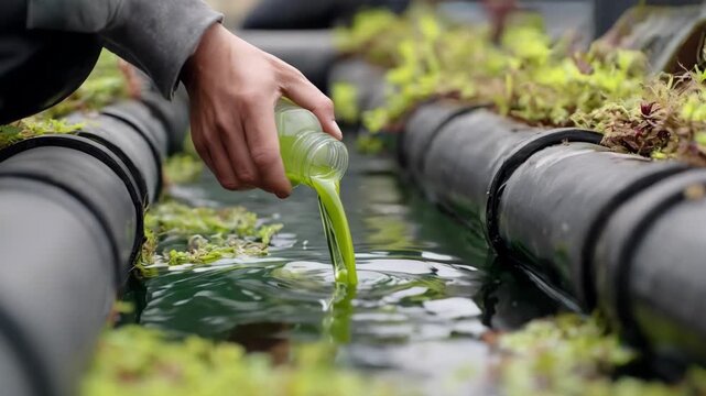 Close medium shot of hands adding green plantderived septic enhancer into a system highlighting ecoconscious solutions for better septic performance.