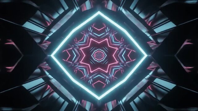Abstract futuristic tunnel with glowing neon geometric patterns and symmetrical star shapes in blue and pink light