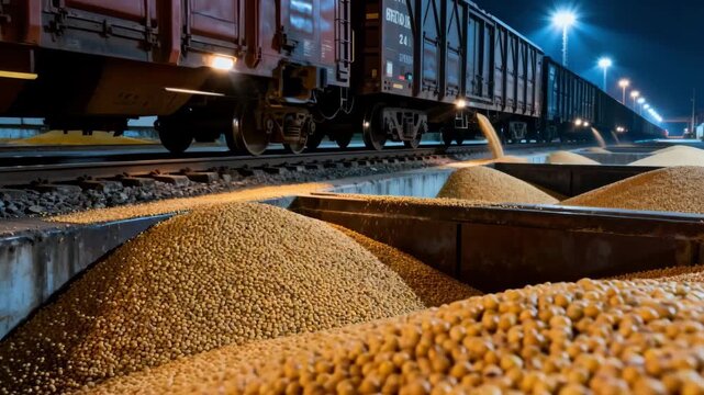 Nighttime medium shot of railcars dumping soybeans into intake pits illuminated by industrial lights and emphasizing 24hour grain handling efficiency.