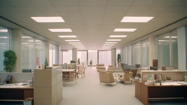 Modern corporate office interior providing an organized empty workspace with desks, chairs, and natural light, ready for productivity and a professional business environment