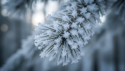 Macro Close-up of Delicate Hoarfrost Crystals Covering Pine Needles on a Branch in a Cold Winter Forest with Bokeh Background
