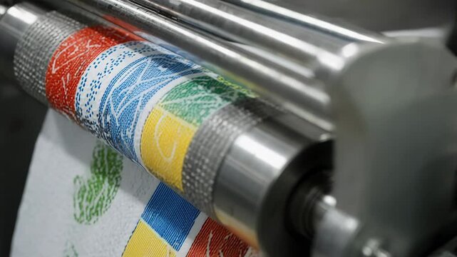 Closeup medium shot showing precise twocolor waterbased ink flexo printing creating intricate designs on absorbent towels with environmentally safe lowVOC inks.