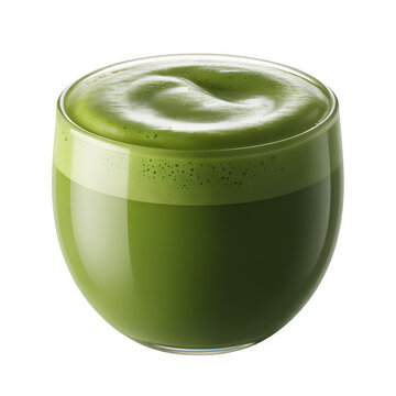 Fresh matcha latte in glass cup with swirling foam isolated on transparent background