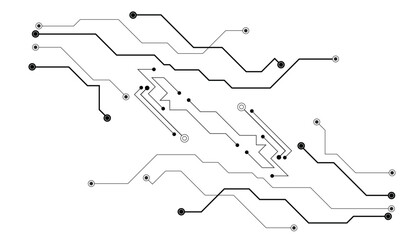 Fototapeta premium Minimalist circuit board pattern, black technology motherboard lines on white background, digital electronic hardware schematic for tech design