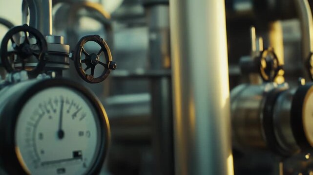 Industrial pressure gauge monitoring fluid flow and regulating valves on a piping system, reflecting the golden hour light during sunset at a refinery or power plant facility