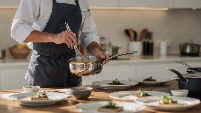Personal chef in focus whisking a delicate sauce for a curated multicourse meal kitchen tools and background subtly blurred to emphasize the technique.