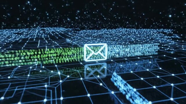 Exploring digital communication with glowing email icon and binary code in a tech landscape