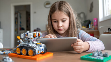 Fototapeta premium coding for kids with robot building using lego-like blocks