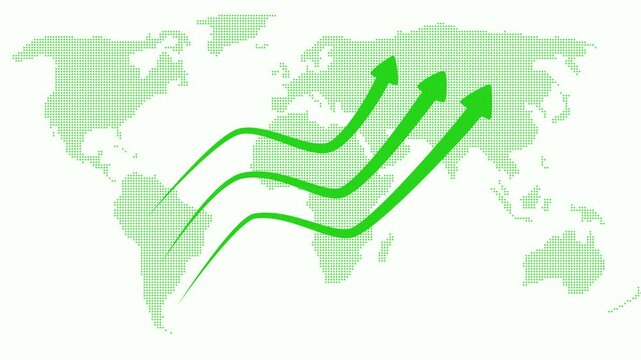 Three arrows rising over world map animation, Stylized world map silhouette in dark tones with three upward arrows forming wavy paths