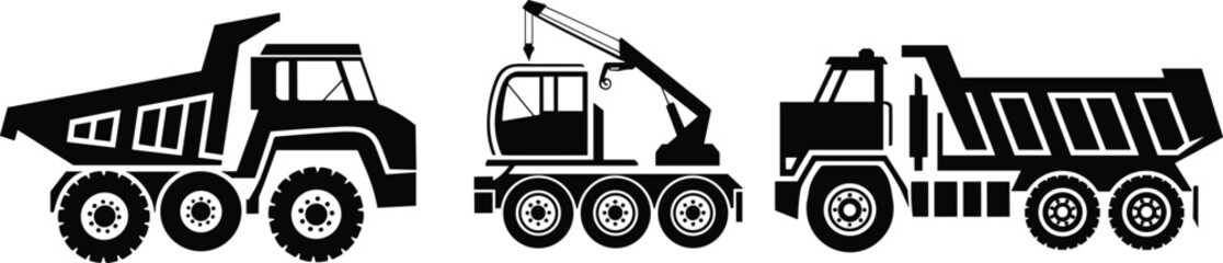 Dump truck, heavy machinery, construction vehicle, crane truck, industrial transport, black silhouette, equipment icon, mining truck, cargo hauler, vector graphic © Hey There