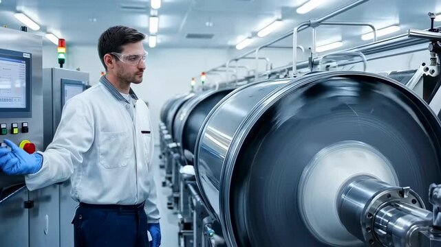 Technician inspects highspeed centrifuge in sterile production lab engineer monitors controls, runs diagnostics, adjusts calibration, documents process for quality assurance under bright