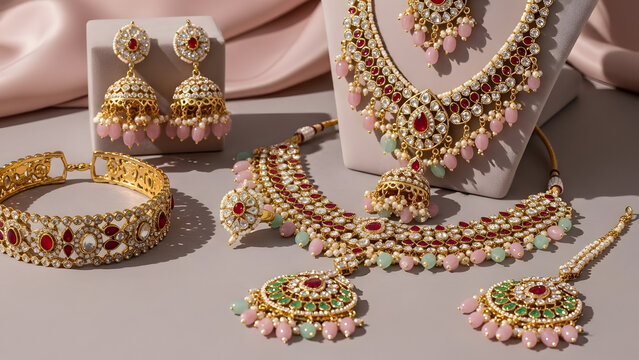 Opulent gold-toned Indian jewelry ensemble featuring soft pink and mint green beads. Traditional bridal necklace, jhumka earrings, cuff bracelet, and maang tikka for festive ethnic wear.