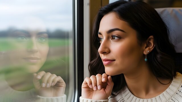 Woman traveling by train, gazing out the window at passing landscapes. .Concept of journey, reflection, travel, and serene motion.