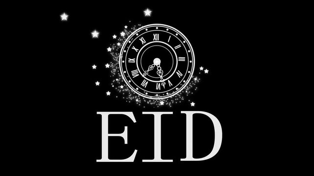 Eid clock logo animation, Clock face with roman numerals and decorative hands above large gold letters EID